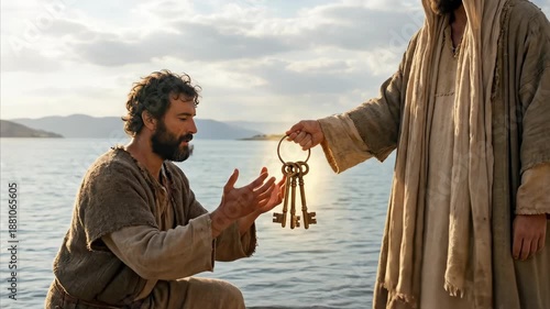 Jesus giving the keys to the kingdom to a kneeling man by the water, a biblical scene depicting an important devotion for religion. footage