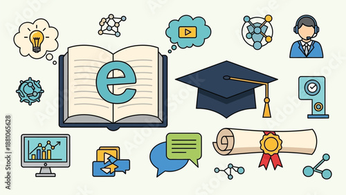 Digital education icons feature an open book with the letter 'e' surrounded by learning symbols like a mortarboard.
