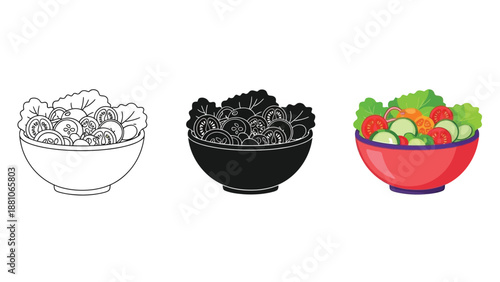 Set of three salad bowls outline, silhouette and colored illustration of fresh vegetable salad in a bowl