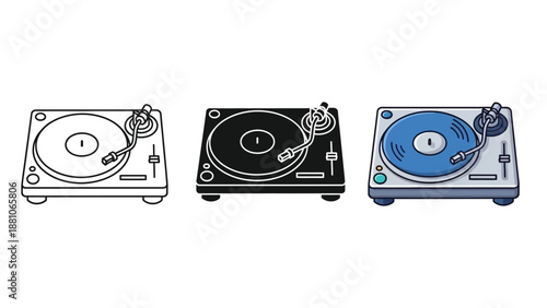 Set of three turntables icons, outline, solid and color versions, for dj music equipment concept
