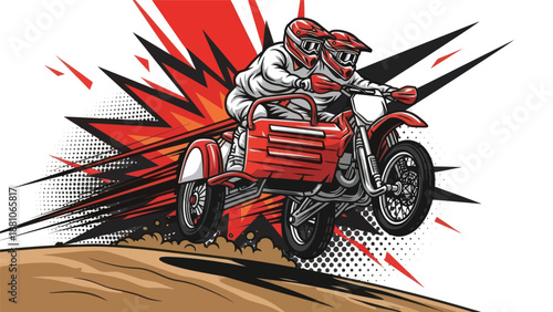 Motorcycle sidecar racing illustration against white background for design