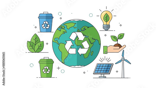 Globe surrounded by icons representing environmental concepts including recycling, renewable energy, and conservation.