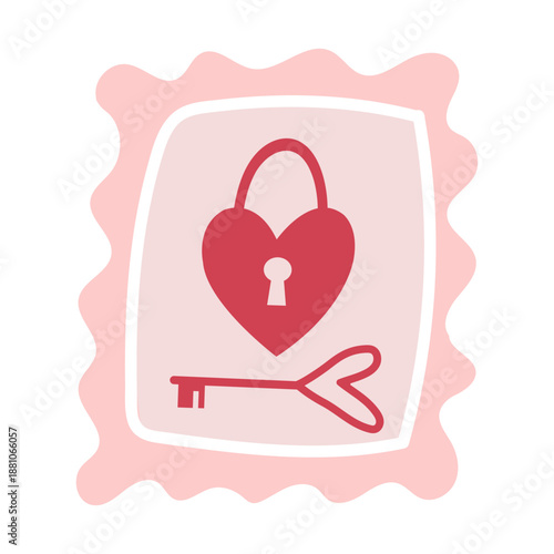A cute pink Saint Valentine's Day stamp. Fun illustration with heart shaped padlock and a key.