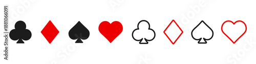 Four playing card suits icons set featuring a black spade and diamond and red club and heart in flat and outline styles