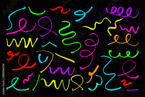 Set multi colored various scribble lines, doodles Hand drawn pencil curved lines, crayon drawing isolated on black background Colorful charcoal abstract elementss Squiggles, marker scribbles, cratches