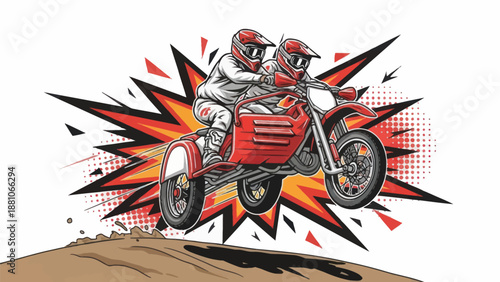 Motorcycle with sidecar jumping over dirt in vector illustration