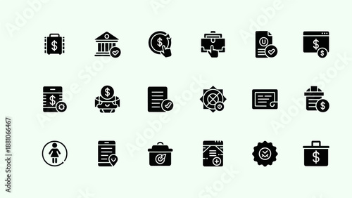 Set of financial icons illustrating banking transactions and business concepts