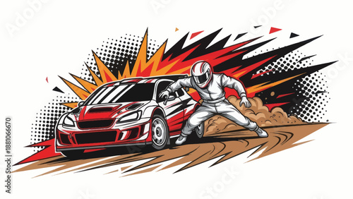 Racing car and driver illustration with speed burst and dust on white