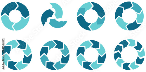 A collection of circular arrow diagrams and process flow charts in various shades of blue and teal, illustrating cycles and continuous processes.