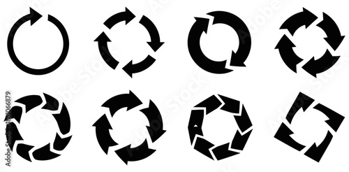 Collection of black circular arrow icons depicting refresh, reload, cycle, process, and rotation concepts on a white background.