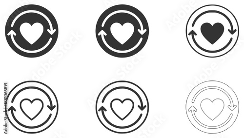 Six variations of a heart icon enclosed within a circular arrow, representing concepts like refresh, repeat, or continuous love.
