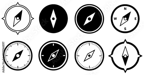 A collection of eight black and white compass icons in various styles, representing navigation and direction.