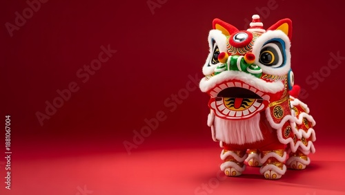 Cute lion dance 3d illustration mascot looking at copy space on red background. Happy chinese new year concept.
