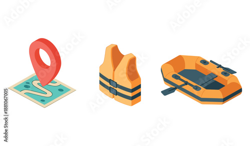 Map location pin, life vest, inflatable raft icons - travel and safety essentials