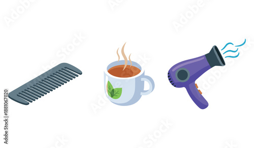 Comb, coffee mug, and hairdryer illustration in a minimalist style