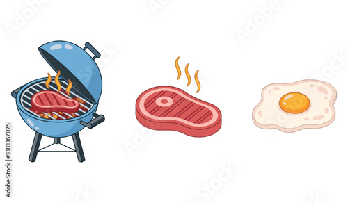 Grill with steak and fried egg illustration on white background