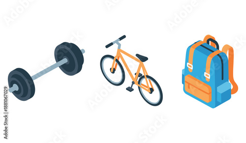 Isometric barbell, bicycle, and backpack on white background