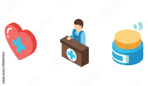 Healthcare icons: heart, pharmacist, medicine jar illustrations