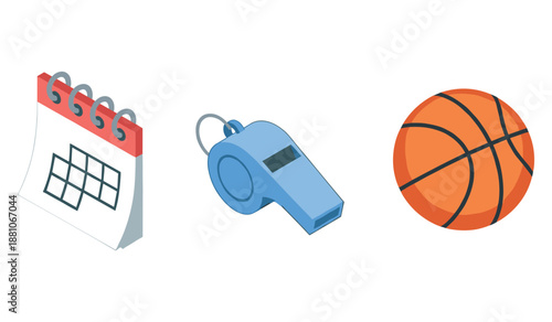 Basketball schedule concept with calendar, whistle, and ball