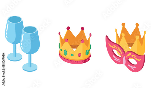 Celebration symbols: blue glasses, crown, and masquerade mask icons