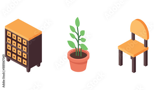 Isometric furniture set with drawer chest, potted plant, and chair on white background