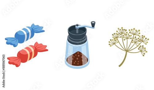 Candy, pepper grinder, and dill illustration