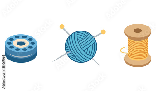 Colorful yarn, thread spool, and knitting needles for crafting