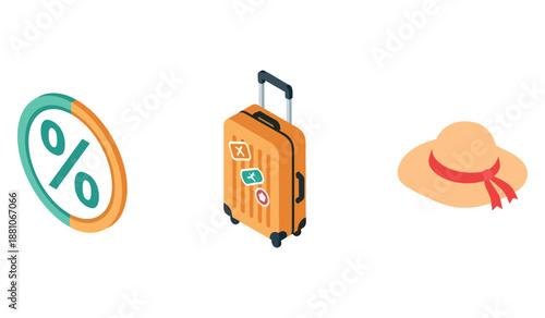 Travel icons: percentage, suitcase, and sun hat