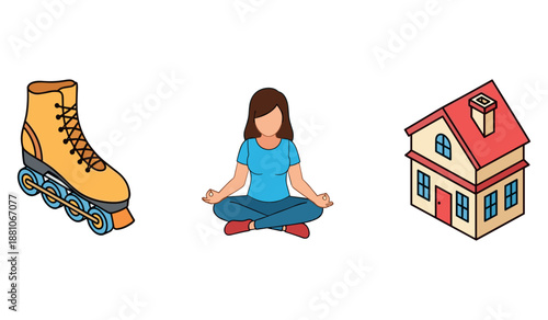 Young caucasian female meditating with roller skate and house icons
