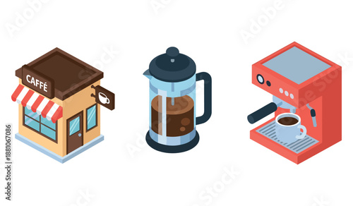 Coffee shop icon set: cafe building, french press, espresso machine illustrations
