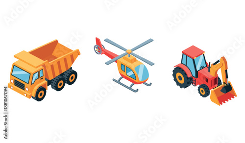 Set of construction vehicles and helicopter isometric illustration