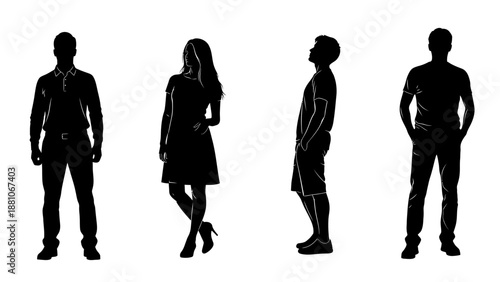 Diverse group of four people men and women in silhouette isolated on white background showcasing casual and formal