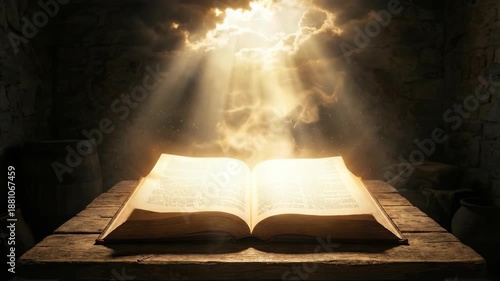 Open holy bible receives rays of divine light with pages turning, symbolizing revelation revelation and spiritual guidance.