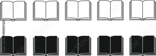 Collection of open book icons in black and white on white background