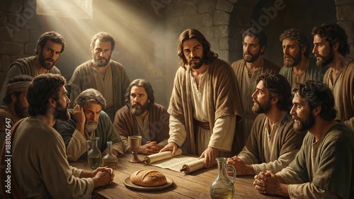 Men and Jesus at table teaching, reading from scroll, in a religious setting with bread and oil, footage