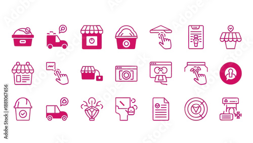 Set of magenta e commerce icons shopping delivery payment and services