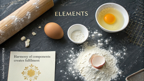 Baking Ingredients Scattered on Dark Slate Surface