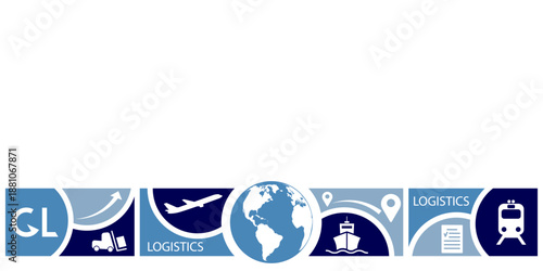 Global logistics network concept.  Vector banner template with logistics icons  in blue and text space.  Set of logistics icons on white background for your design. EPS10.