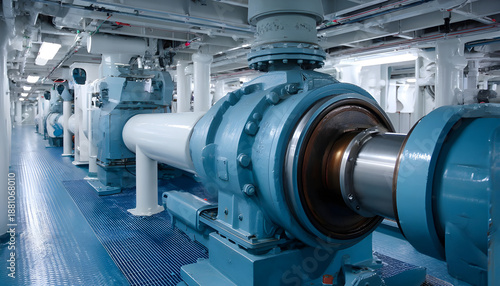 Rotating shaft line of main propulsion plant of passenger ship with intermediate bearings, sensors and pipe lines. Shaft is a link between engine and propeller which is used for ship moving