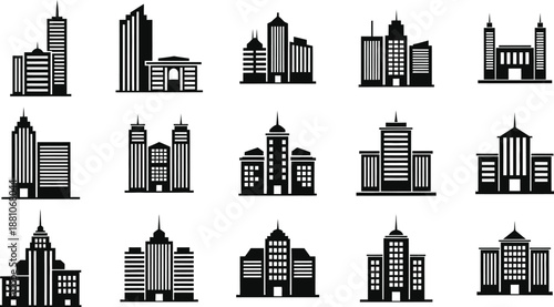 Set of black and white city building silhouettes on white background  urban landscape icons