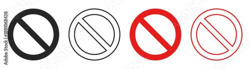 Prohibition sign set, caution warning circle crossed out, no entry sign, red stop icon