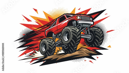 Red monster truck illustration with off road tires and burst elements