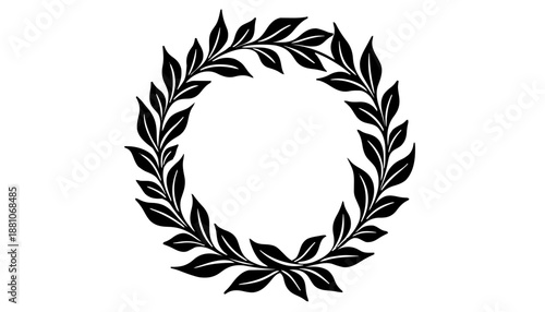 Ein schlichter, kreisförmiger Lorbeerkranz mit symmetrisch angeordneten Blättern. Die schwarze Grafik hebt sich klar vom weißen Hintergrund ab. KI Generiert