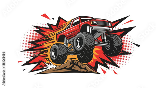 Red monster truck jumping over hills illustration against white background