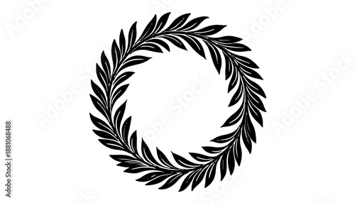 Ein schlichter, kreisförmiger Lorbeerkranz mit symmetrisch angeordneten Blättern. Die schwarze Grafik hebt sich klar vom weißen Hintergrund ab. KI Generiert