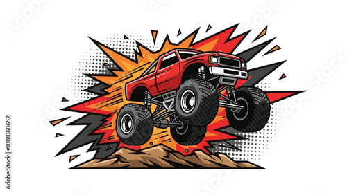 Red monster truck jumping high illustration on white background