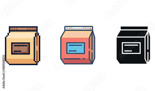 Retro minimalist coffee bag icons in pixel art and monochrome styles