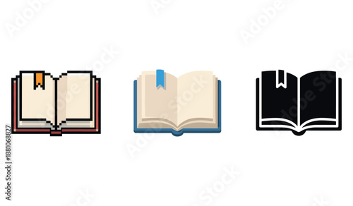 Open books: pixel, flat, and silhouette icons in a row