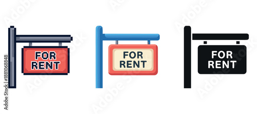 Set of three for rent signs with varied designs and colors
