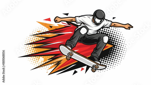 Skateboarder performing jump with dynamic graphic illustration isolated